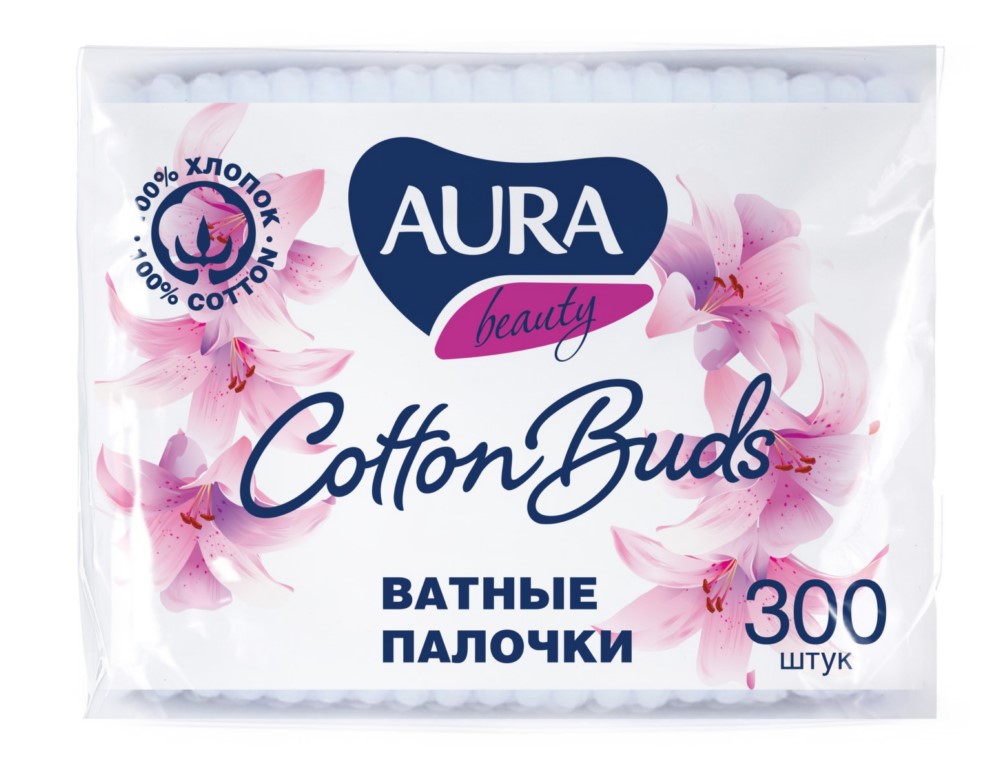 AURA Ватные палочки п/э пакет 300шт.