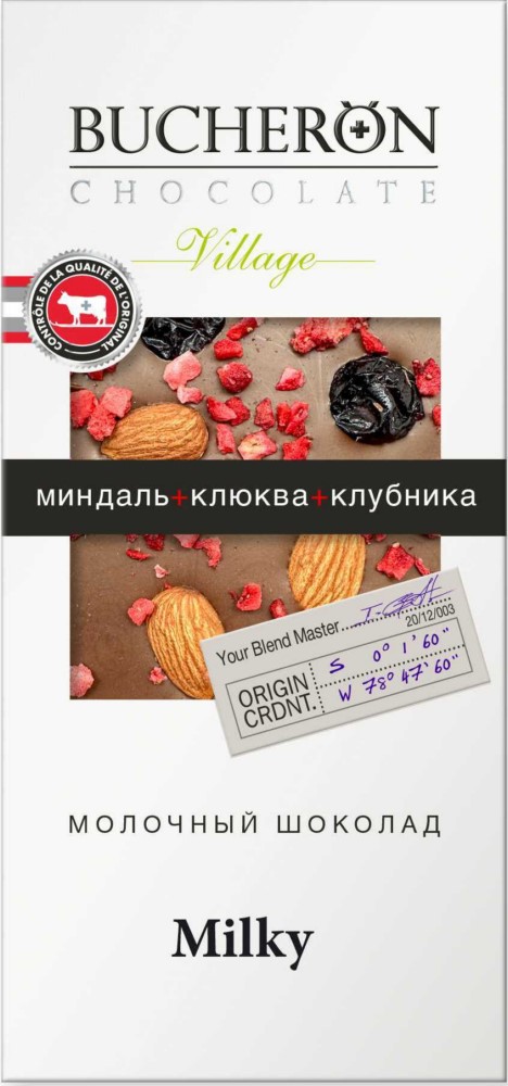 Шоколад Бушерон молочный с миндалем,клюквой и клубникой 100г