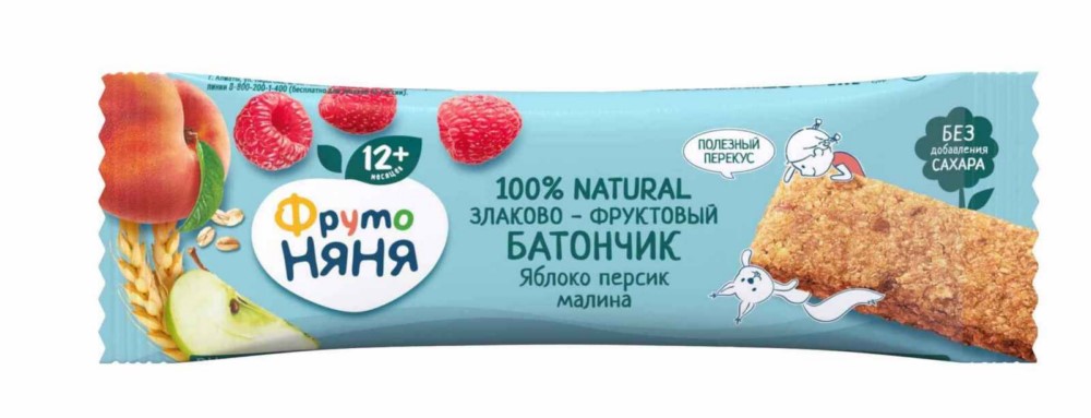 Батончик злаково-фруктовый ФрутоНяня яблоко/персик/малина 25г