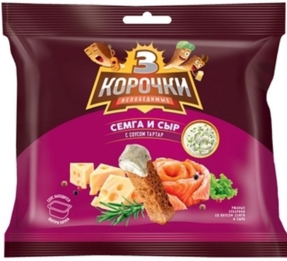 Сухарики ржаные Три Корочки сыр семга 60г+соус Тар-Тар 20г