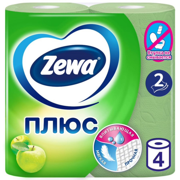 Туалетная бумага Zewa Плюс Яблоко, 2 слоя, 4 рулон