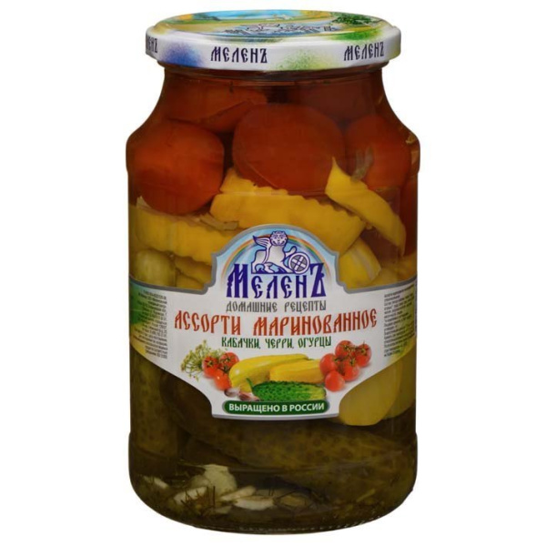 Ассорти овощное Мелень маринованные кабачки/черри/огурцы 900г