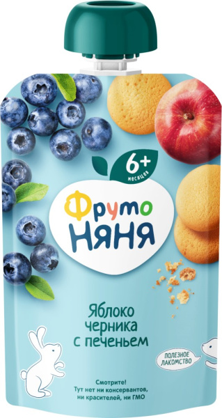Пюре ФрутоНяня яблоко/черника/печенье 90г