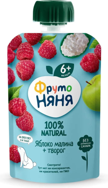 Пюре ФрутоНяня яблоко/малина/творог 90г