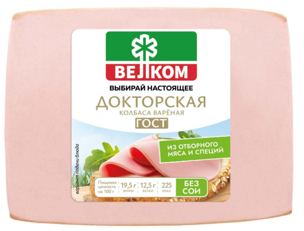 Колбаса Докторская фиброуз вакуумная упаковка кусок 500г Велком