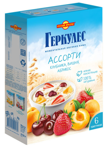 Каша овсяная Русский Продукт Геркулес ассорти клубника абрикос вишня 210г