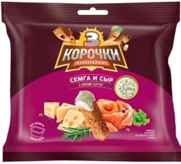 Сухарики ржаные Три Корочки сыр семга 60г+соус Тар-Тар 20г
